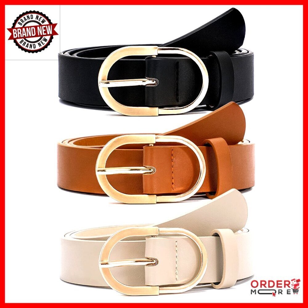 3 Pack Faux Leather Belts Gold Buckle Women's Dress Belt Casual